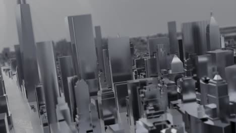 Stadt-Metall-Silber-New-York-DOF-Modell-NYC-USA-Wolkenkratzer-Glänzend-Flythrough-4k